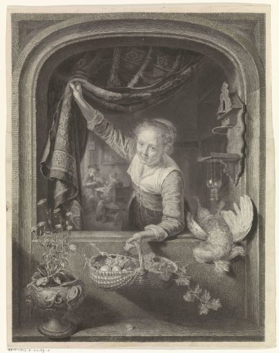 Woman with a basket of fruit in her hand by the window