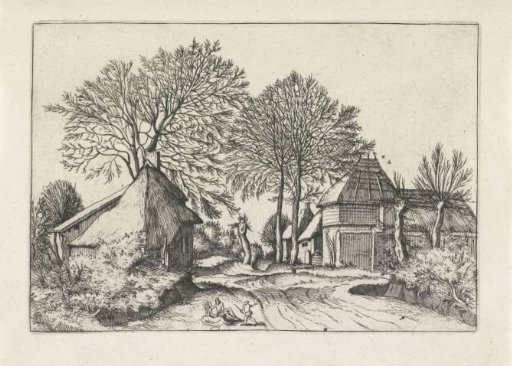 Farmhouse and barn along a road