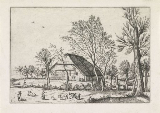 Farmhouse with cows and milkmaid
