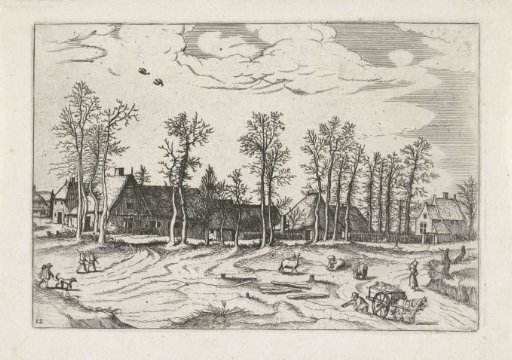 Landscape with farmhouses, cattle, and people