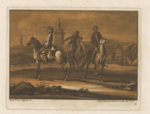 Three riders in a landscape with a fortified city