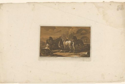 Seven horses in a landscape with ruins