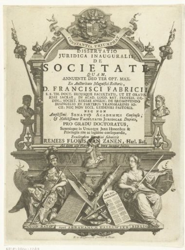 Architectural frame with bust of Emperor Justinianus and Minerva and personification of justice