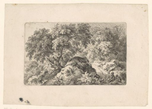 Hilly landscape with figures on a forest path