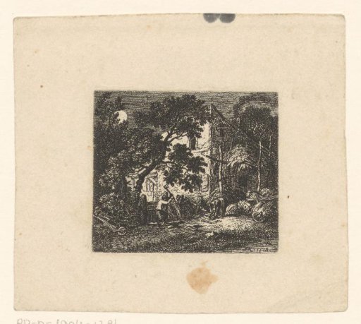 Landscape with woodcutter by a house in moonlight