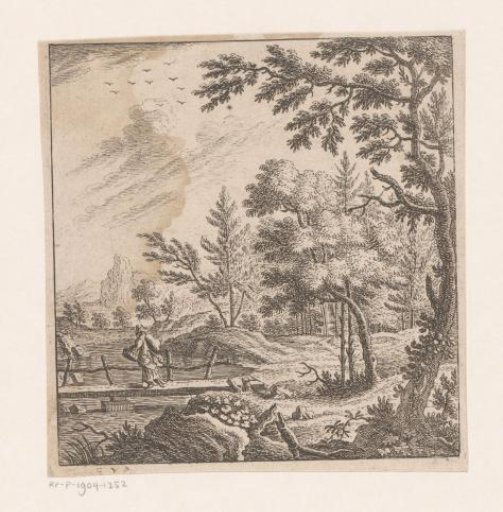 Landscape with a woman carrying a pack walking across a bridge