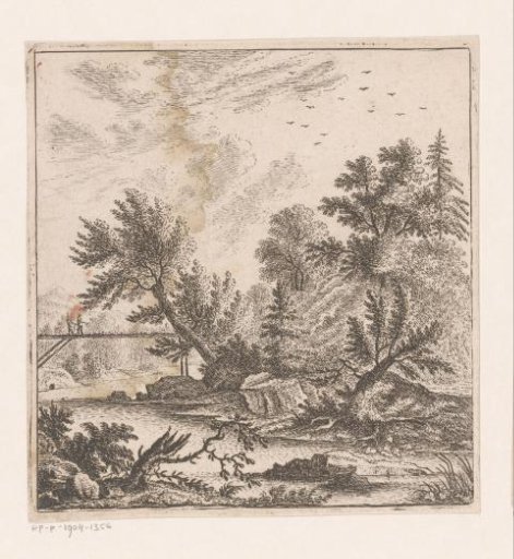 Forested landscape with two figures on a bridge