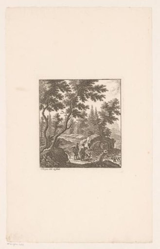 Forested landscape with two men and a dog