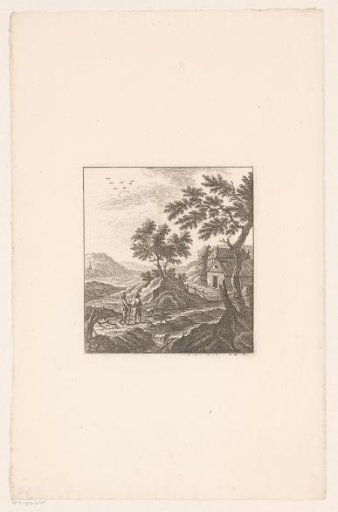 Landscape with two men and a dog at a farm