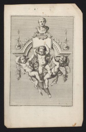 Putti carrying a bow with a bust