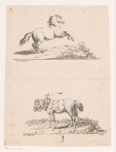 Rearing horse and standing cart horse