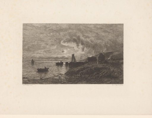 Moonlit view of the Norwegian coast, with a hamlet and wooden landing stage