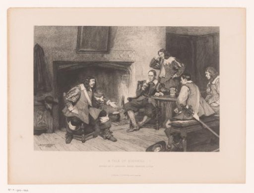 Soldiers in discussion by a fireplace