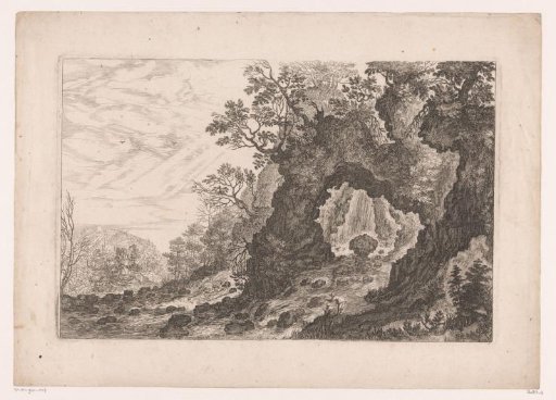 Mountain landscape with a rock arch and a flowing stream