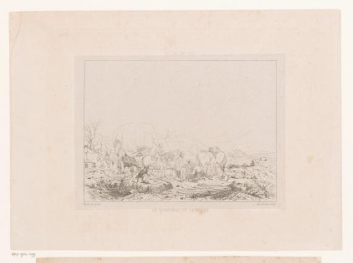 Group of figures with a laden wagon in a landscape