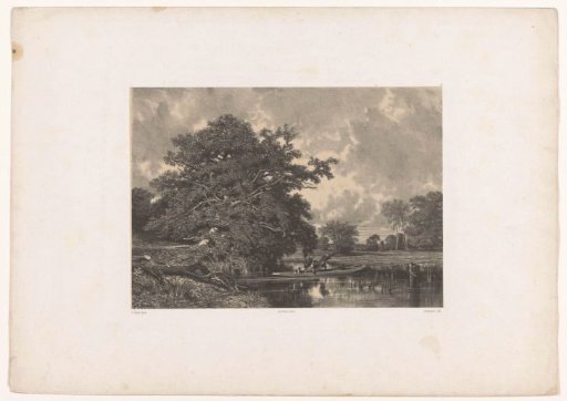 River landscape with hunters in a boat