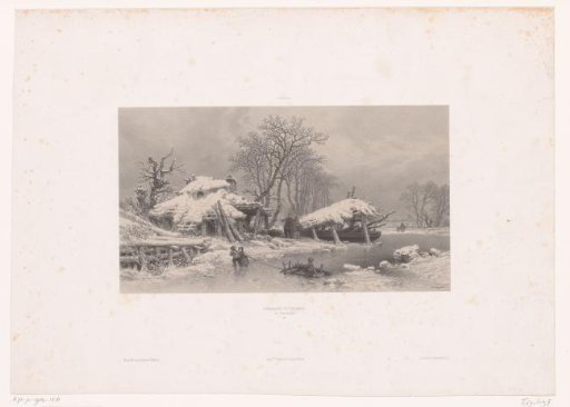 Winter landscape with farmhouse and children on the ice