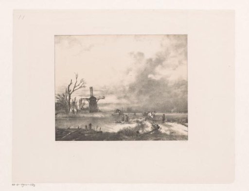 Winter landscape with a mill and figures