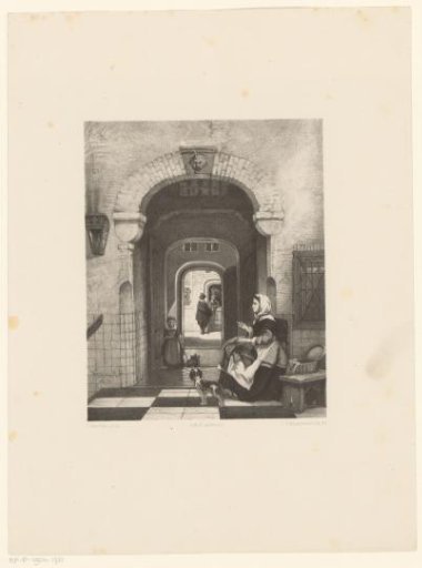 Woman on a courtyard and child with a doll in a hallway