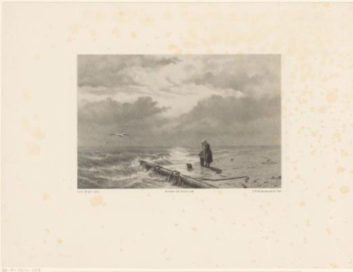 Mother with a child beside a broken mast on the beach