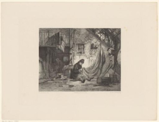 Net mender in a barn
