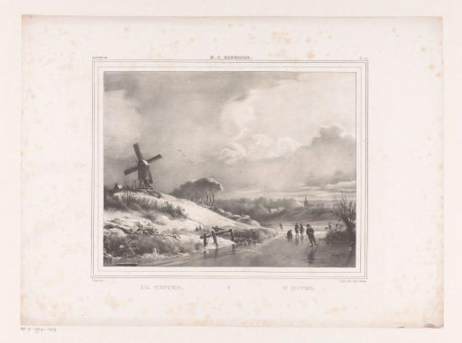 Winter landscape with skaters on a river