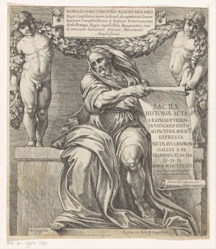 Title print with the prophet Isaiah holding a scroll and two putti.