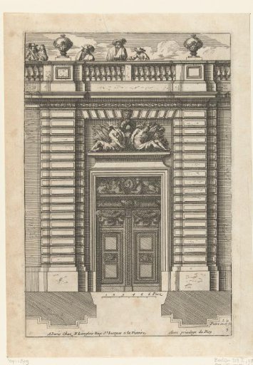 Portico with a trophy of arms and two chained prisoners of war or enslaved men.