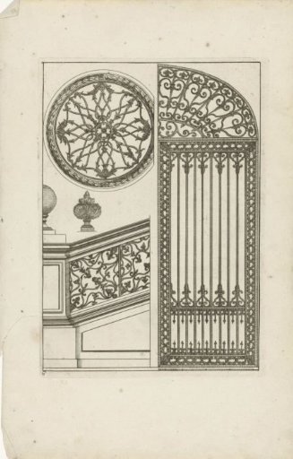 Gate, stair railing, and two ornaments