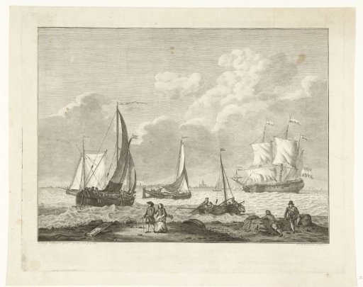 Fishing boats at sea and walkers on the coast