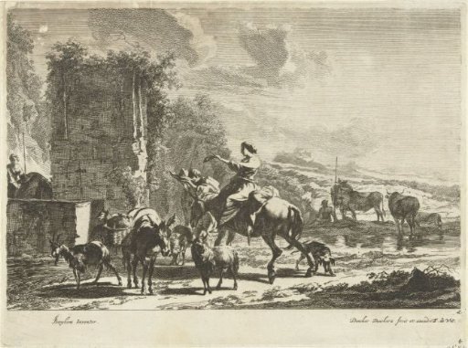 Shepherds with mules and cattle near a spring in a mountainous landscape