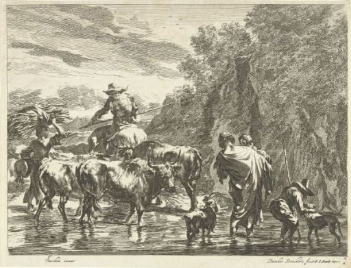 Shepherds wading with a herd of cows through a stream