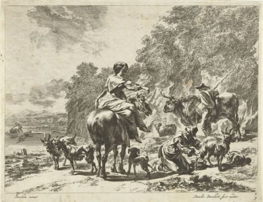 Landscape with a woman on horseback and a shepherdess milking a goat