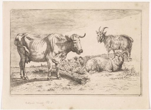 Landscape with cow with twisted horn, ram and goat