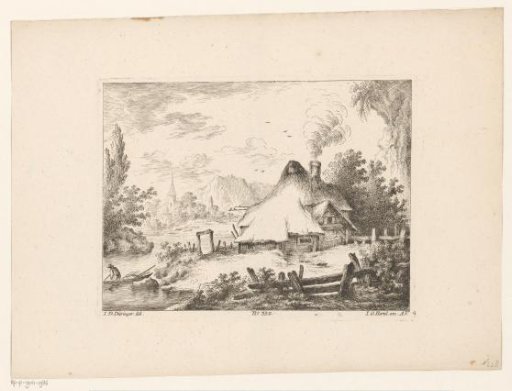 River landscape with farm by the water