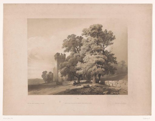 Landscape with castle and traveler under elms