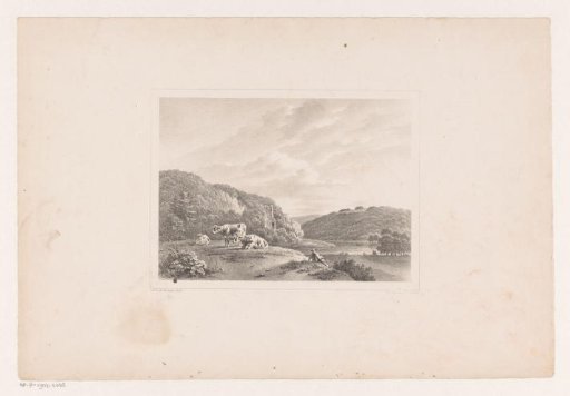 Hilly landscape with cattle and a ruin