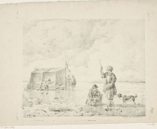 Frozen river with fishermen and a tent