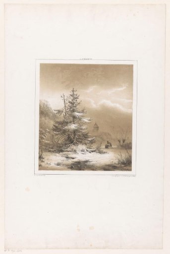 Winter landscape with coniferous trees and a man with a sled