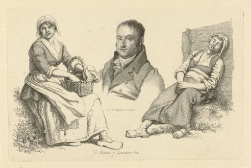 Portrait of Daniel Vrijdag between two peasant women