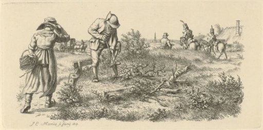 Man roasting meat, a woman with a basket and soldiers on horseback