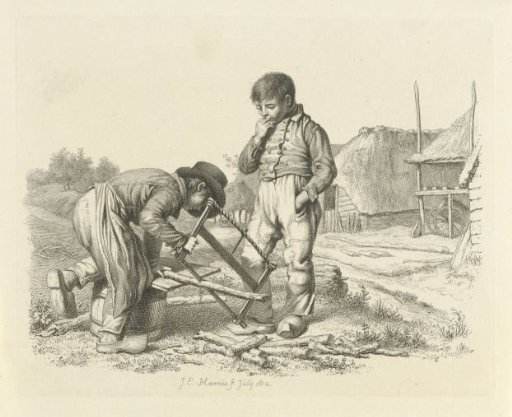 Boy sawing and a standing boy