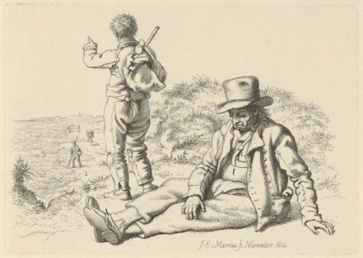 A sitting and a standing man on a beach