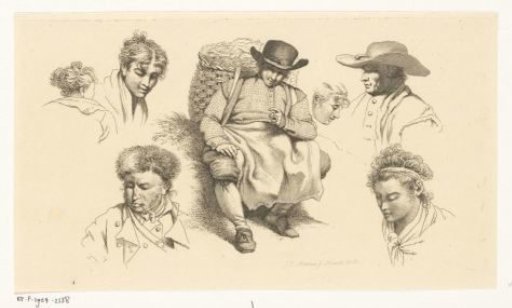 Study sheet with figures and a resting fishmonger with a pipe