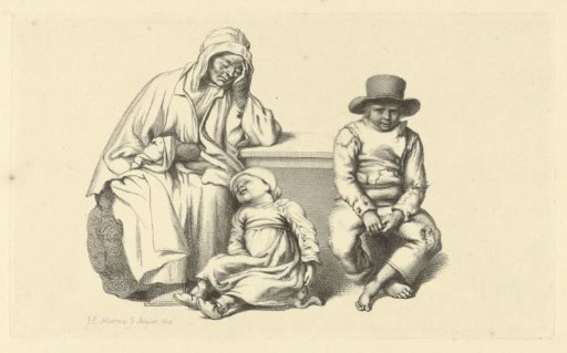 Seated old woman and two children