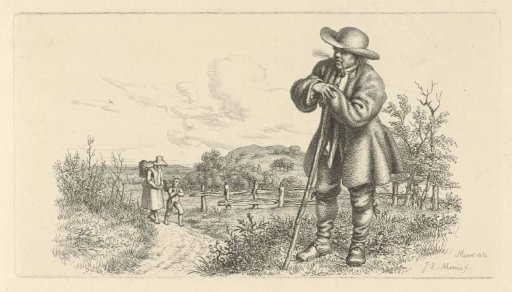Man leaning on a stick and a woman with a child on a country road