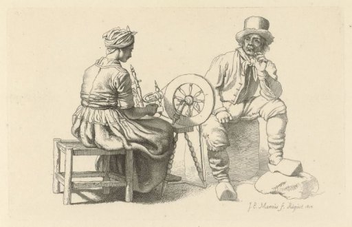 Study sheet with a woman at a spinning wheel and a seated man