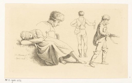 Study sheet with a sleeping woman and a hunter