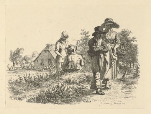 Blind woman and conversing figures at a farm