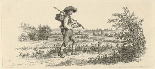 Man with a stick and a basket in a landscape